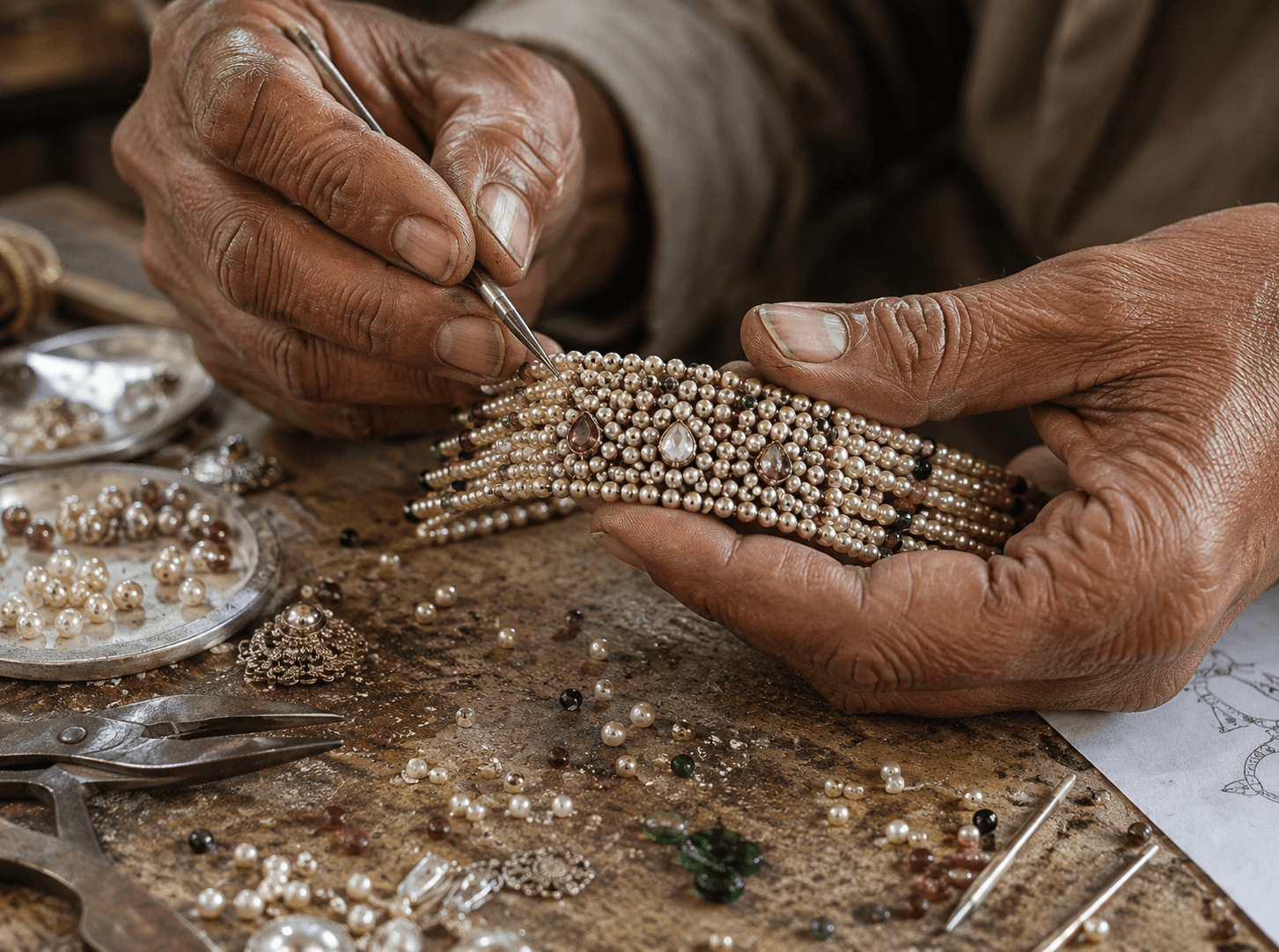 A karigar's hands crafting a pearl bracelet