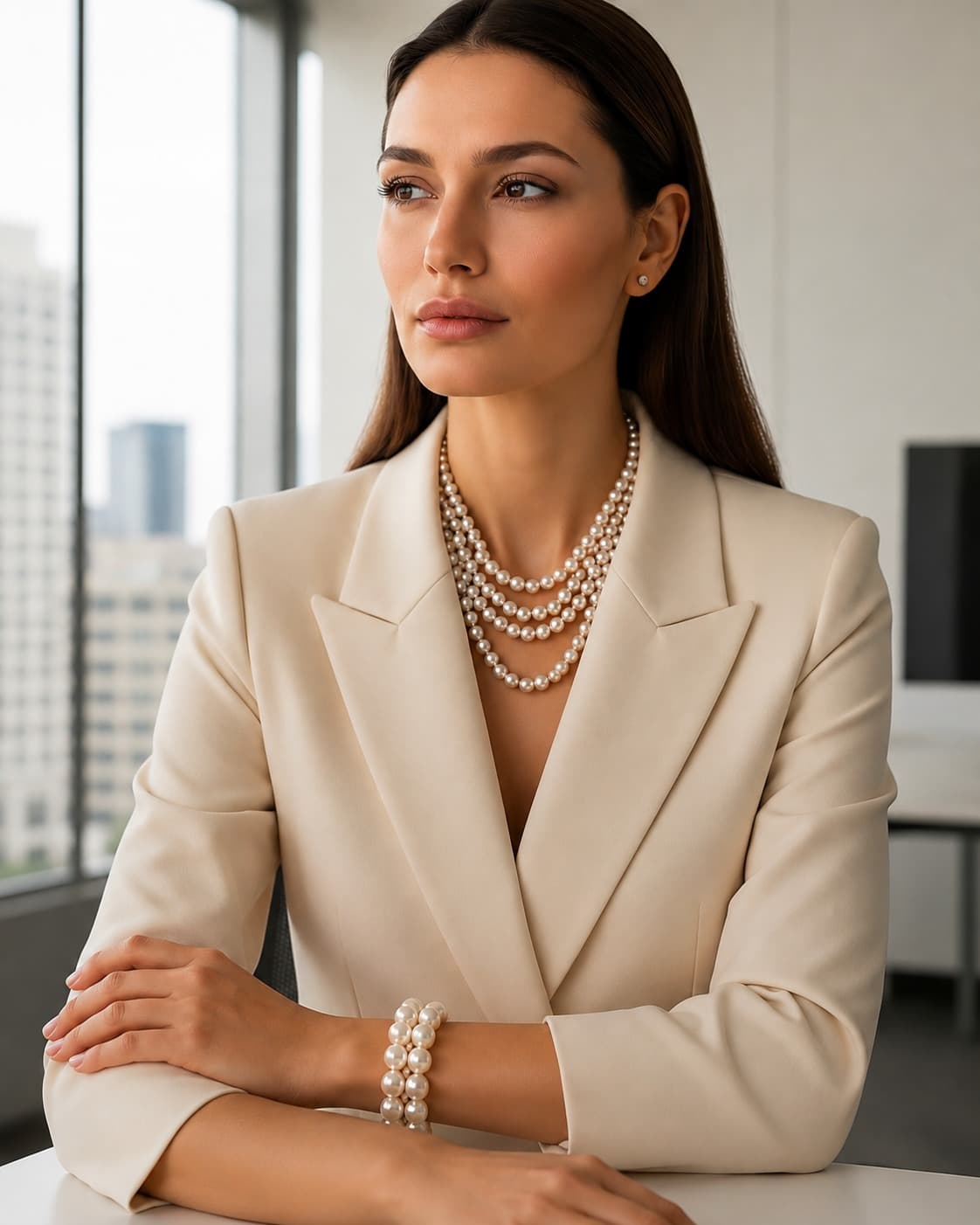 Pearl bracelet on a wrist beside a laptop and coffee — workwear