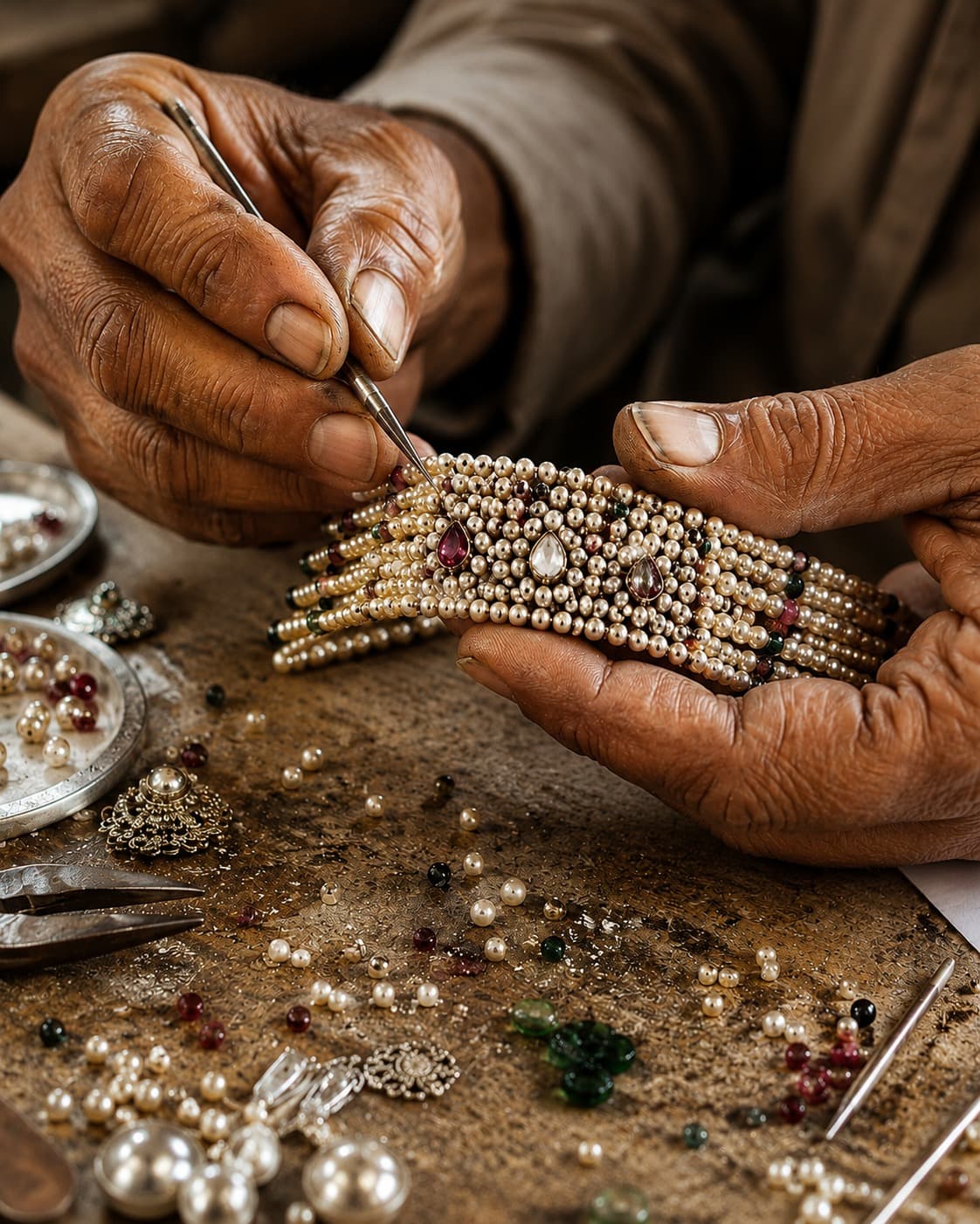 A karigar's hands crafting a pearl bracelet