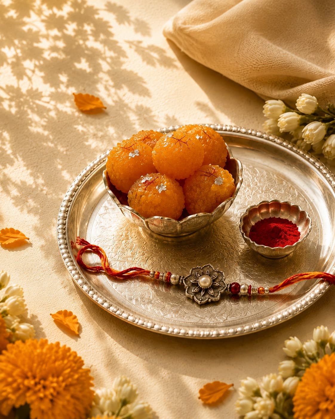 Rakhi thali with laddoos, kumkum and a pearl rakhi on a silver plate